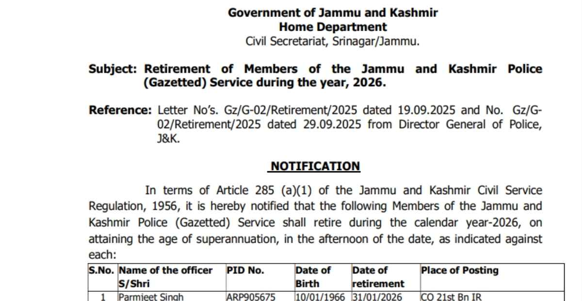 J&K Police Gazetted Officers Retirement List 2026