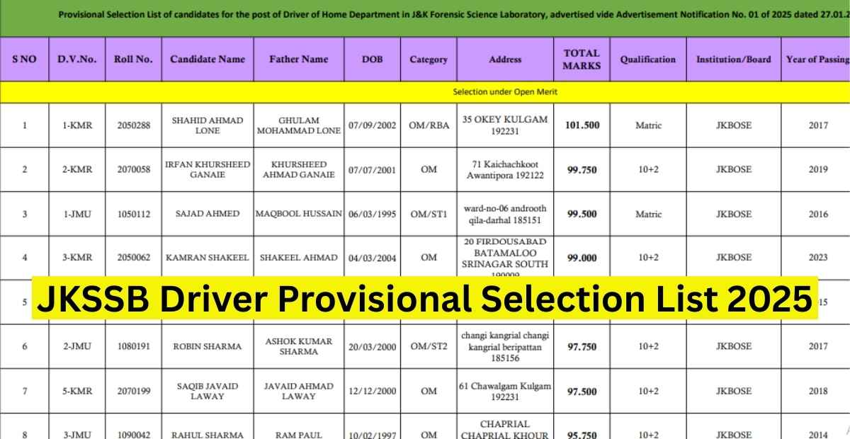 JKSSB Driver Provisional Selection List 2025