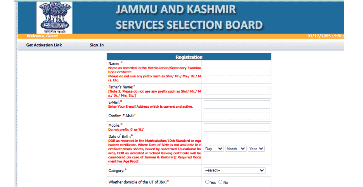 JKSSB New User Registration Page