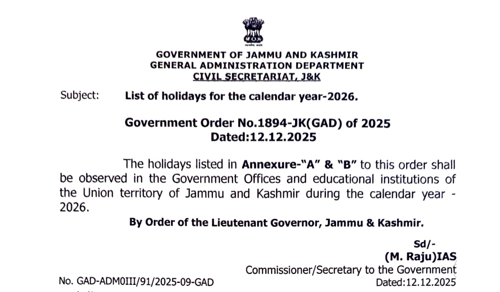 Jammu Kashmir List of holidays for the calendar year-2026