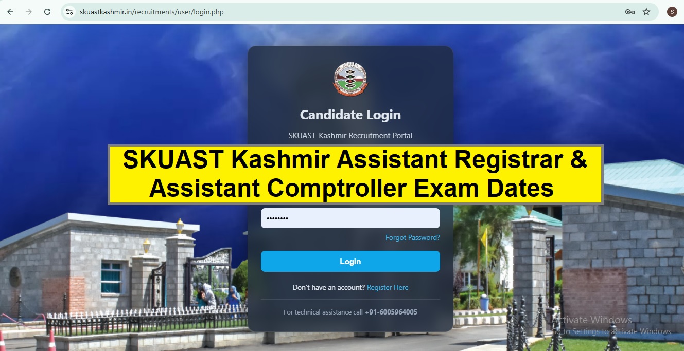 SKUAST Kashmir Assistant Registrar & Assistant Comptroller exam dates