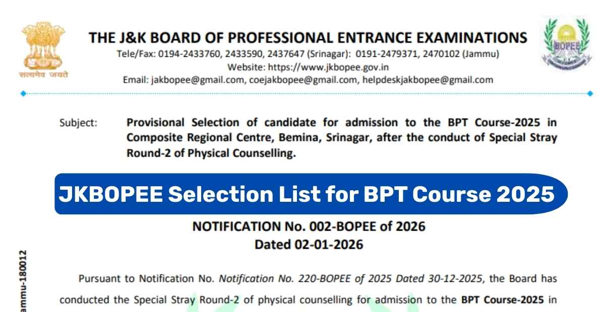 JKBOPEE Selection List for BPT Course 2025