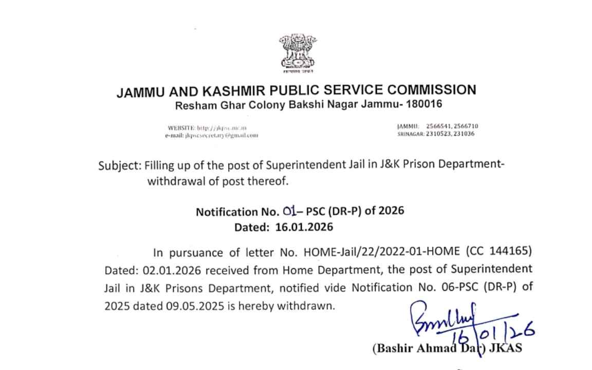 JKPSC Superintendent Jail Post Withdrawn